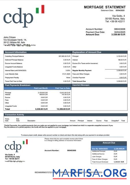 Realistic Italy Cassa Depositi e Prestiti mortgage statement Word and PDF template